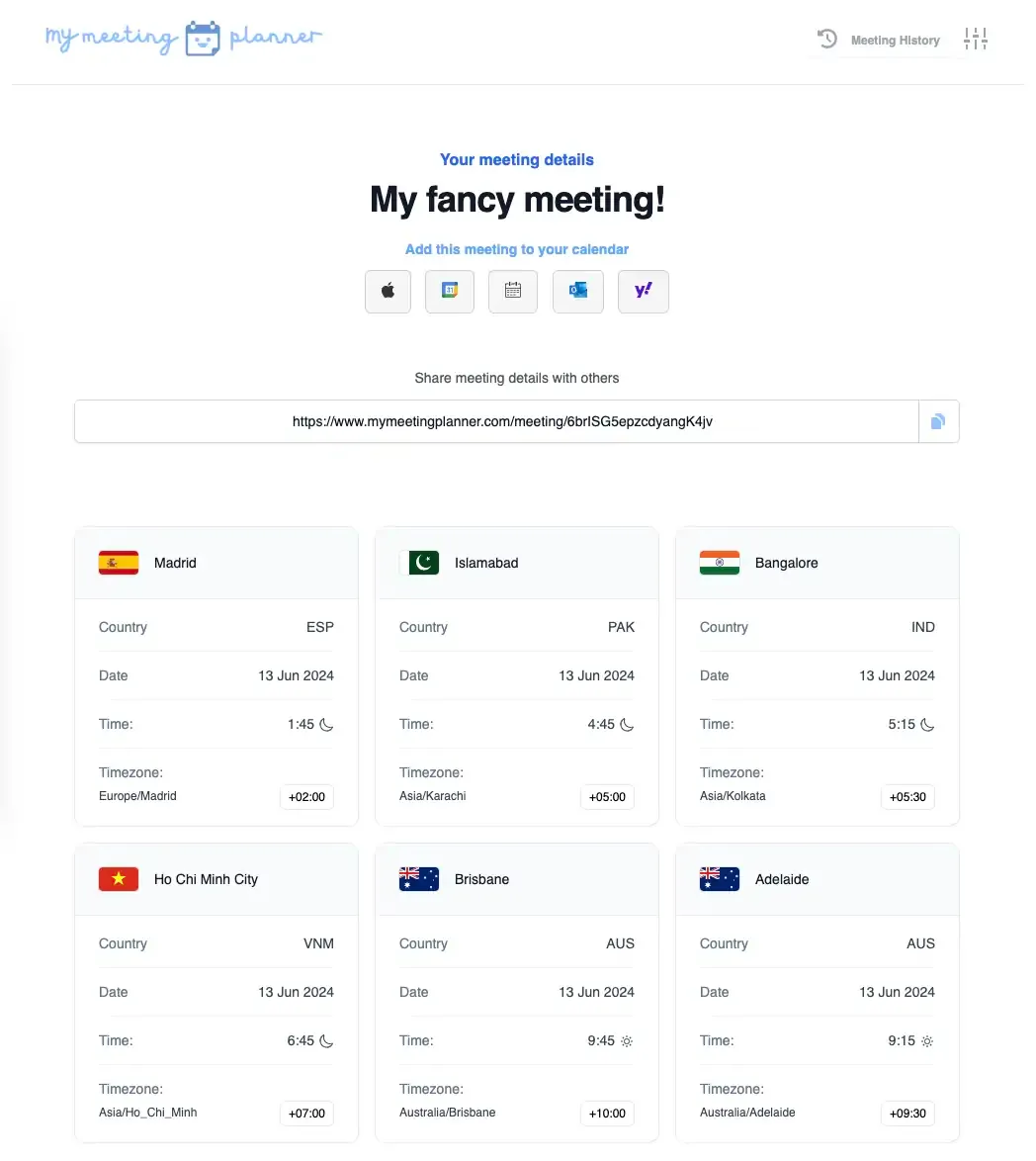 A shared meeting page with calendar links and local times for each attendee’s city