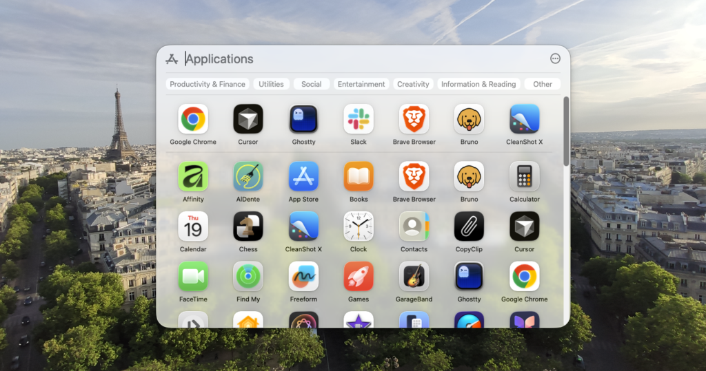 Cursor, Ghostty, Slack, Brave, Bruno and a few other apps but otherwise Clean!